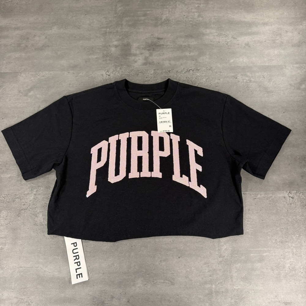 Purple Brand T-Shirt Womens XS Black Pink Sequin Logo Cropped $150 Shoulder Pads